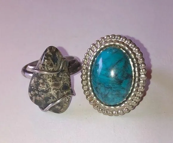 Vintage Silver Tone Turquoise & Stone Adjustable Rings