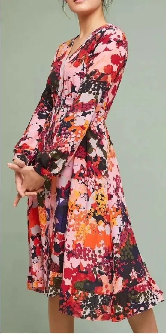 Anthropologie Maeve Printed Silk Wrap Dress Floral Multicolor Women's 4 Spring