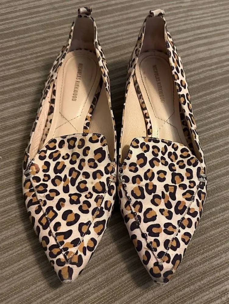 Nicholas Kirkwood leopard print flats beya loafer style 37.5 (7) pointy toe Brown