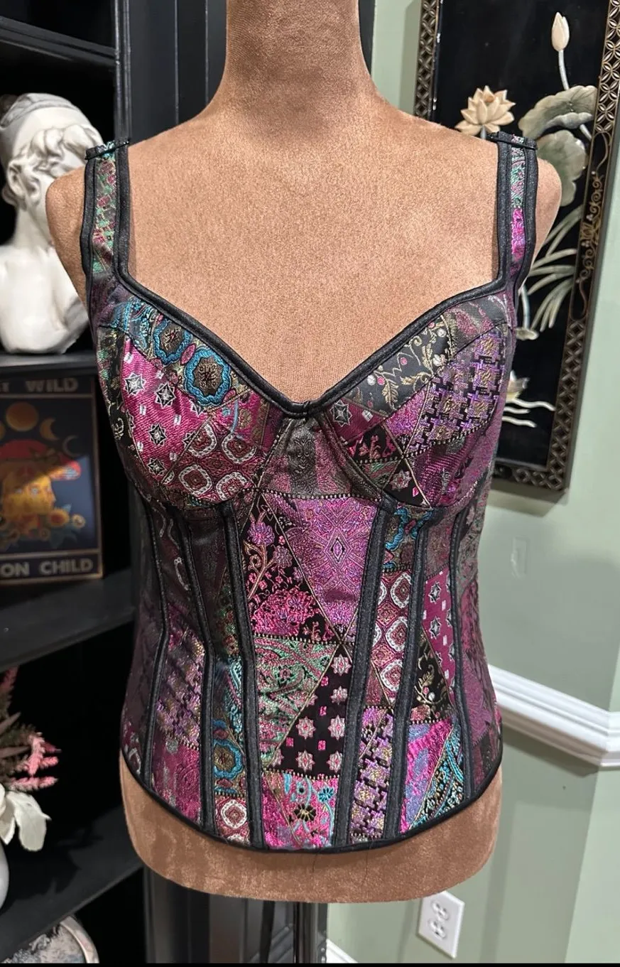 Patchwork Boned Corset – Adjustable Straps & Back – Size Large Purple