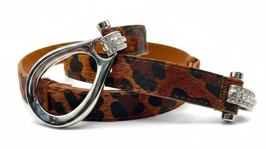 Leopard Calf Hair Belt Rhinestone Stirrup Buckle Horseshoe Animal Print OS Brown