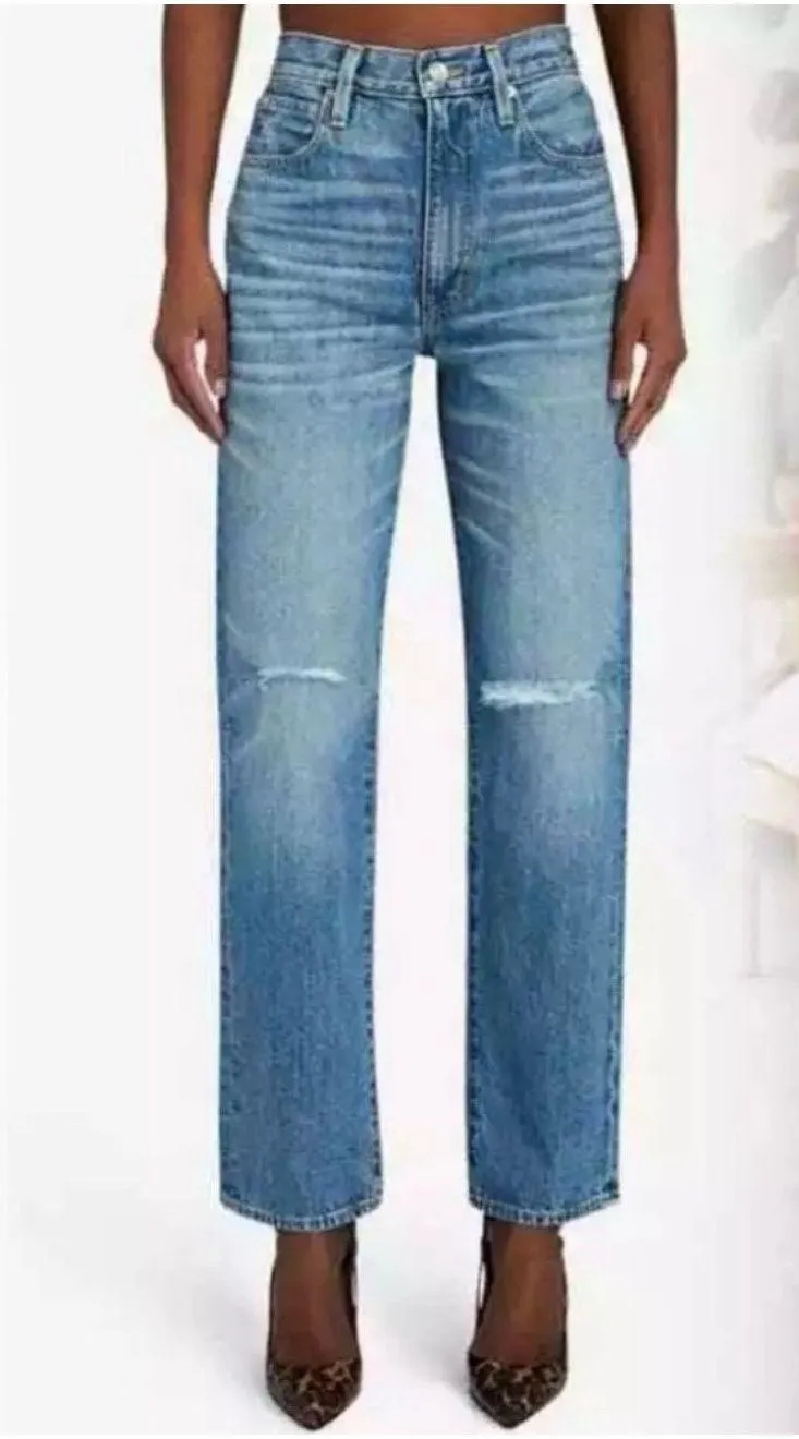 Slvrlake London Jeans SZ 27 NWT Shakedown Straight Leg Distress Denim High Waist Blue