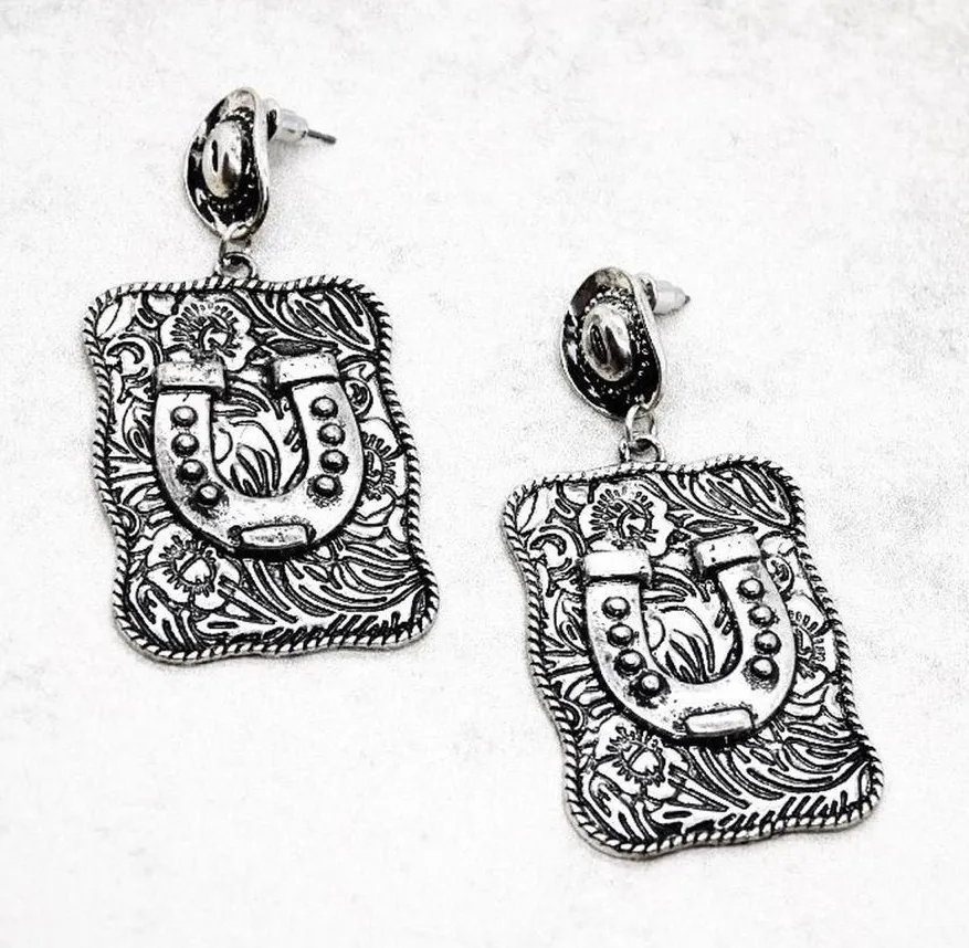 Belt Buckle Statement Earrings Silver