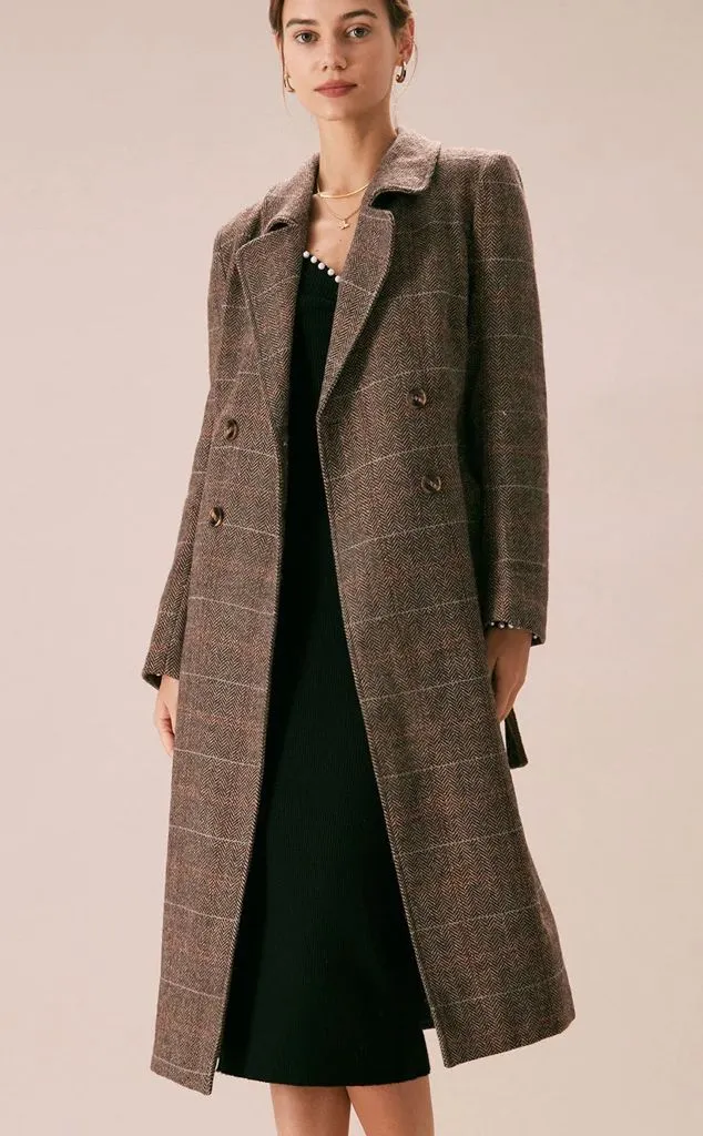Rihoas Coffee Lapel Belted Double Breasted Coat Brown Size M