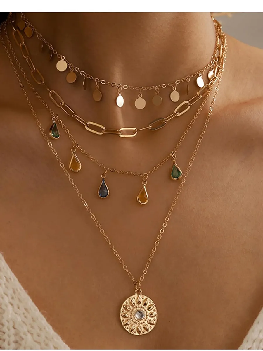 Gold Tone Layered Link Chain Necklace Sun Round Charm Clear Stone Lobster