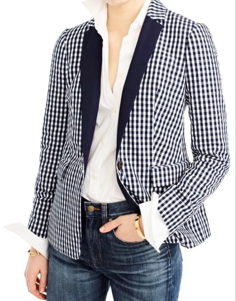 J.Crew Navy White Gingham Seersucker Contrast Lapel Blazer 00 Preppy Nautical Blue