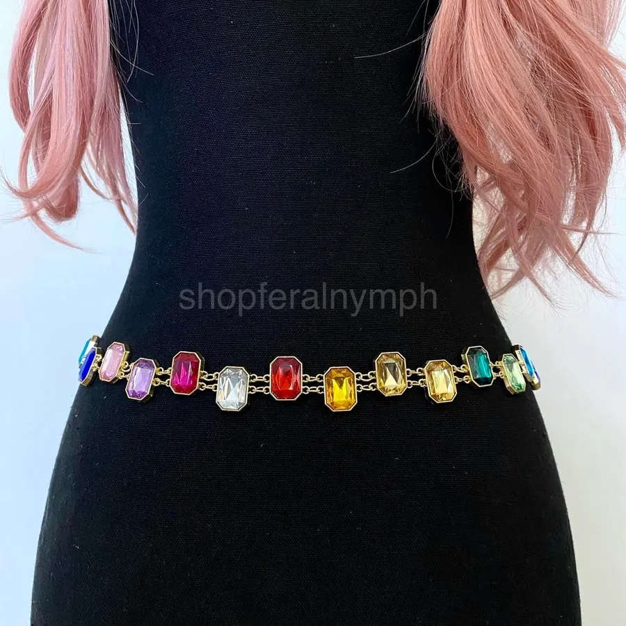 Gold Y2K Rainbow Jewel Waist Chain Belt, Fits 18