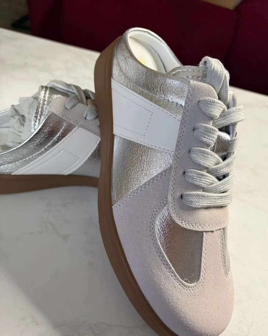 Women’s Silver & White Low-Top Sneakers with Gum Sole