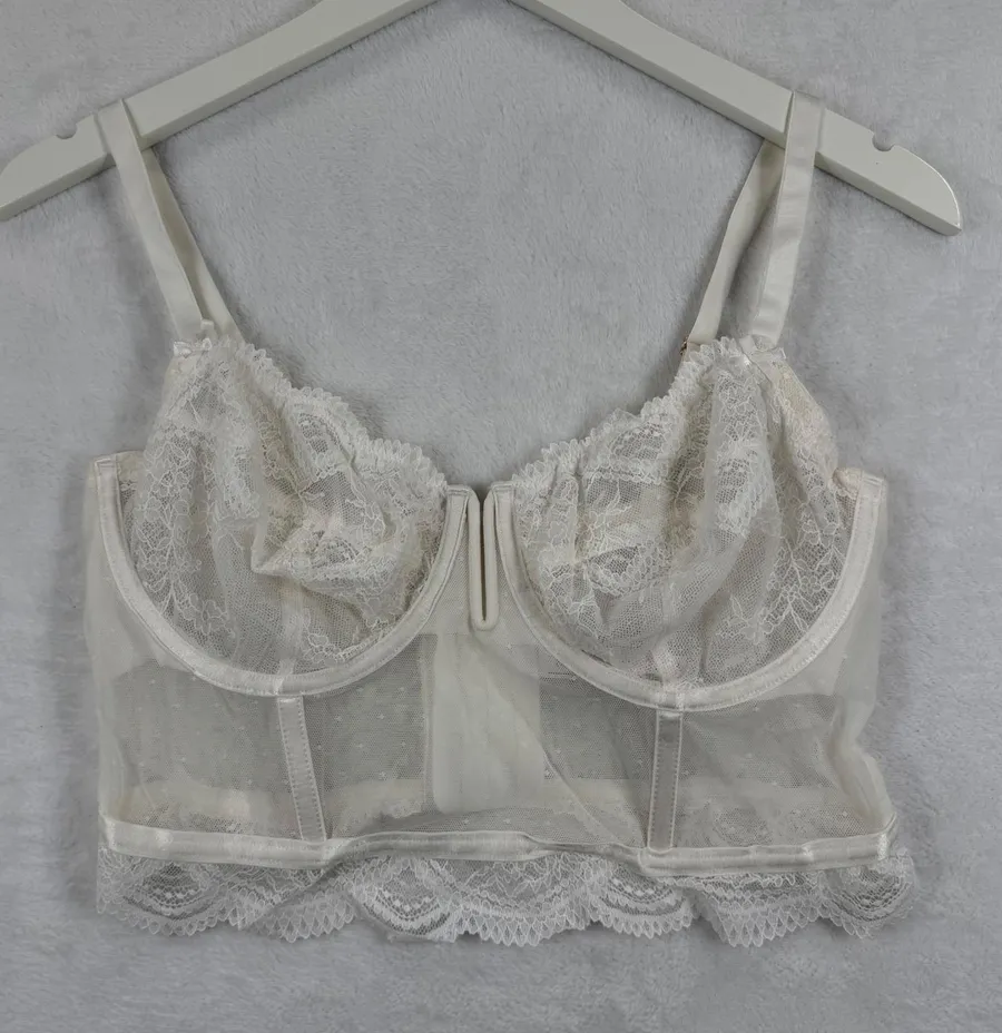 Auden Intimates Ivory Lace Longline Bra Bustier Sheer Dot Mesh Underwire Large White