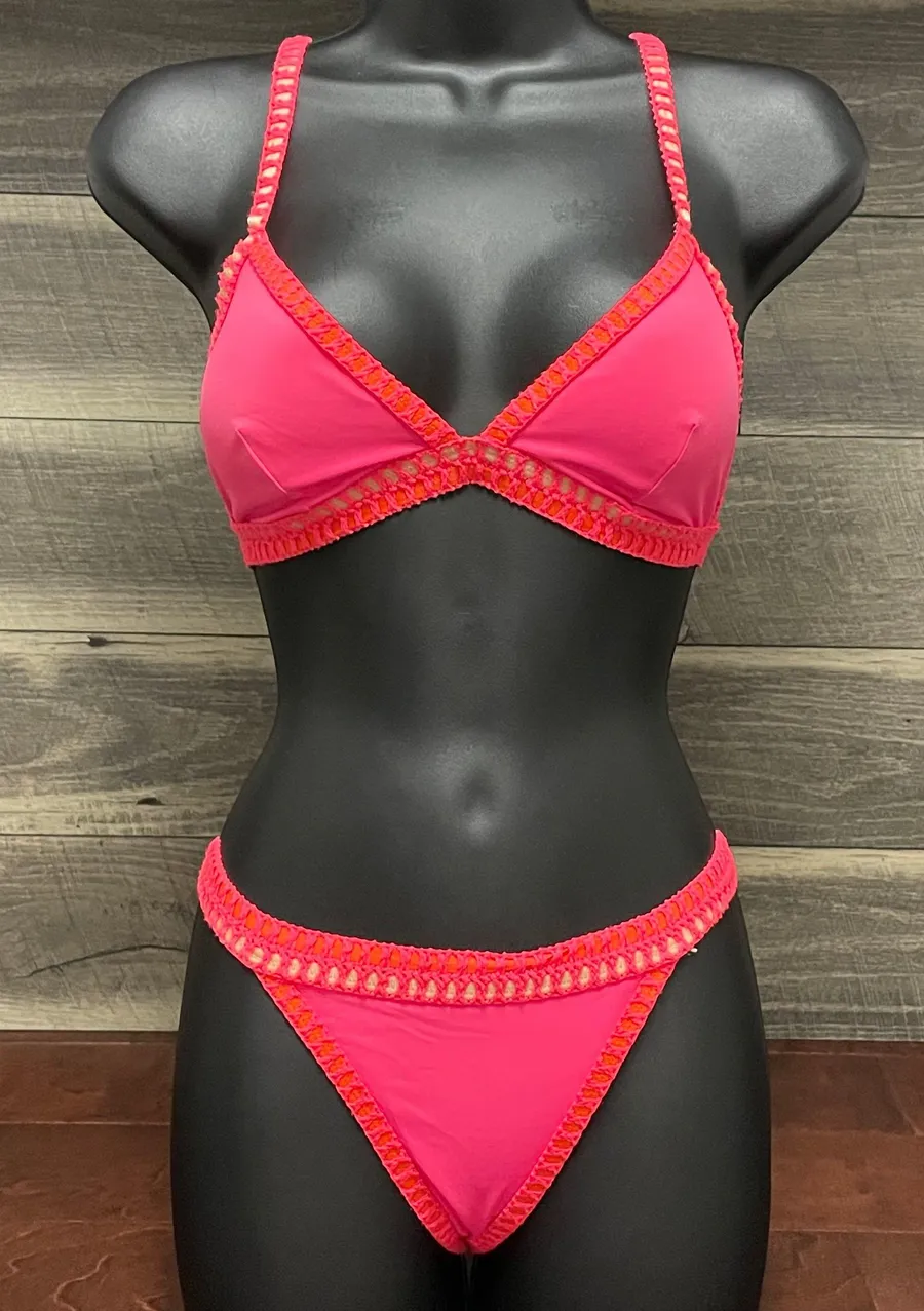 Victoria’s Secret Neon Pink and Orange Crochet Bikini With Criss Cross Top Large