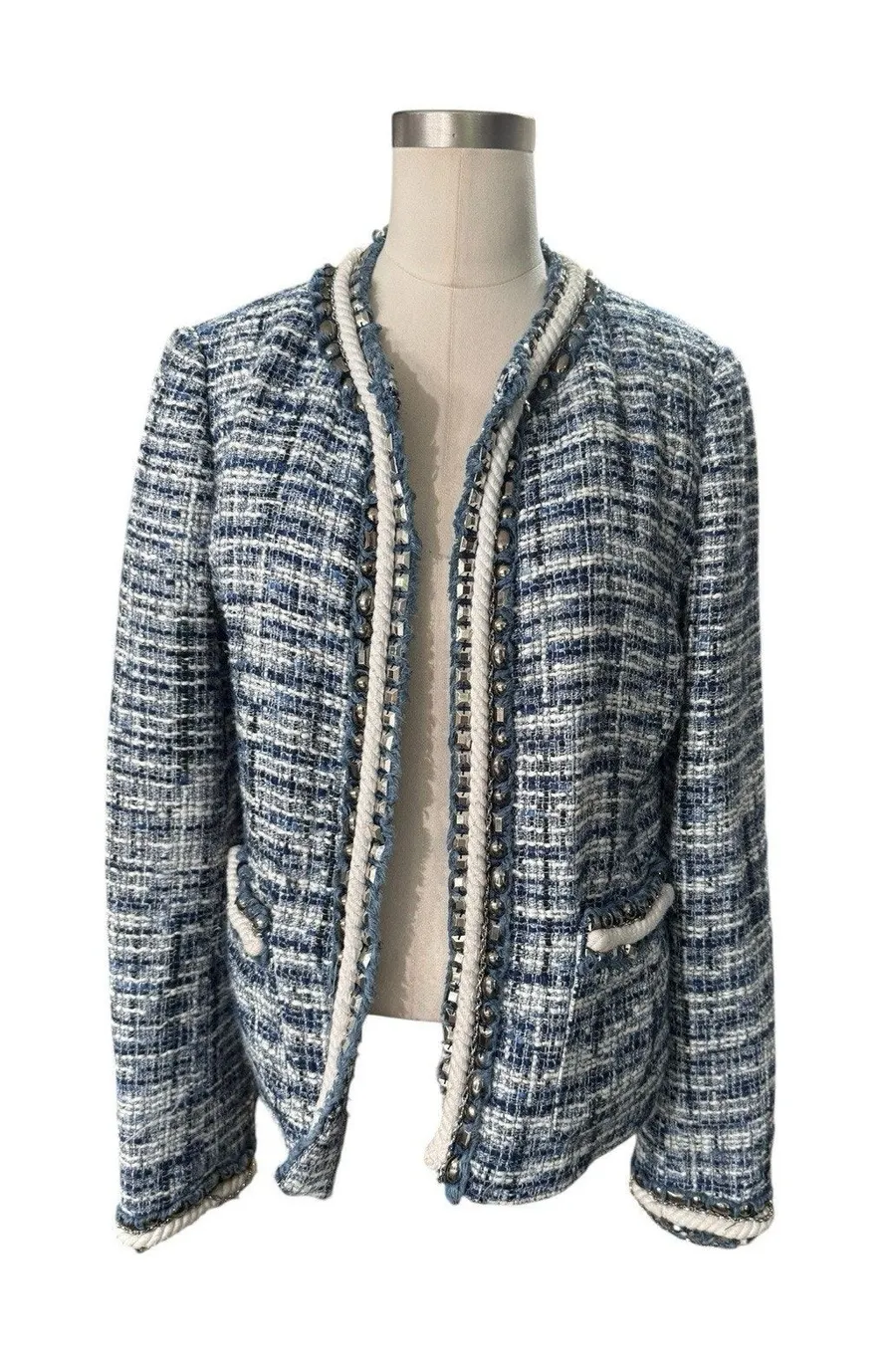 Boston Proper Blue Tweed Jacket Blazer Size 8 Bead Accents Rope Trim