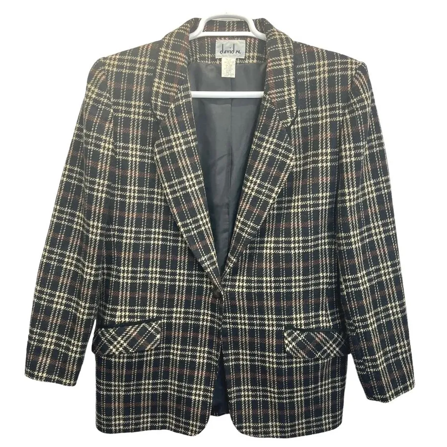 David N. Blazer Vintage Wool Plaid Suede Trim Jacket Brown Black 10 Academia