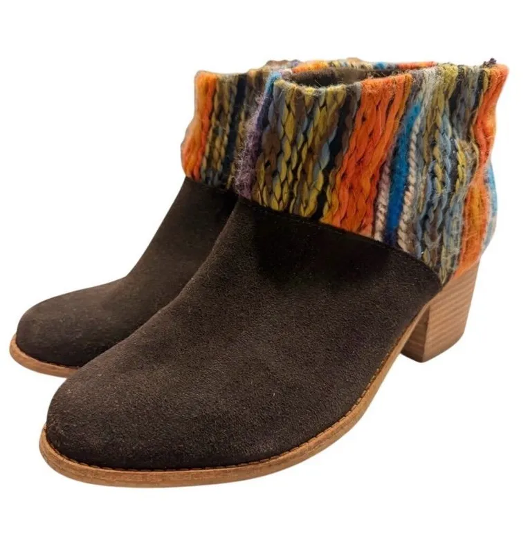 TOMS Women's Ankle Boots Size 10W Suede Multicolor Woven Cuff