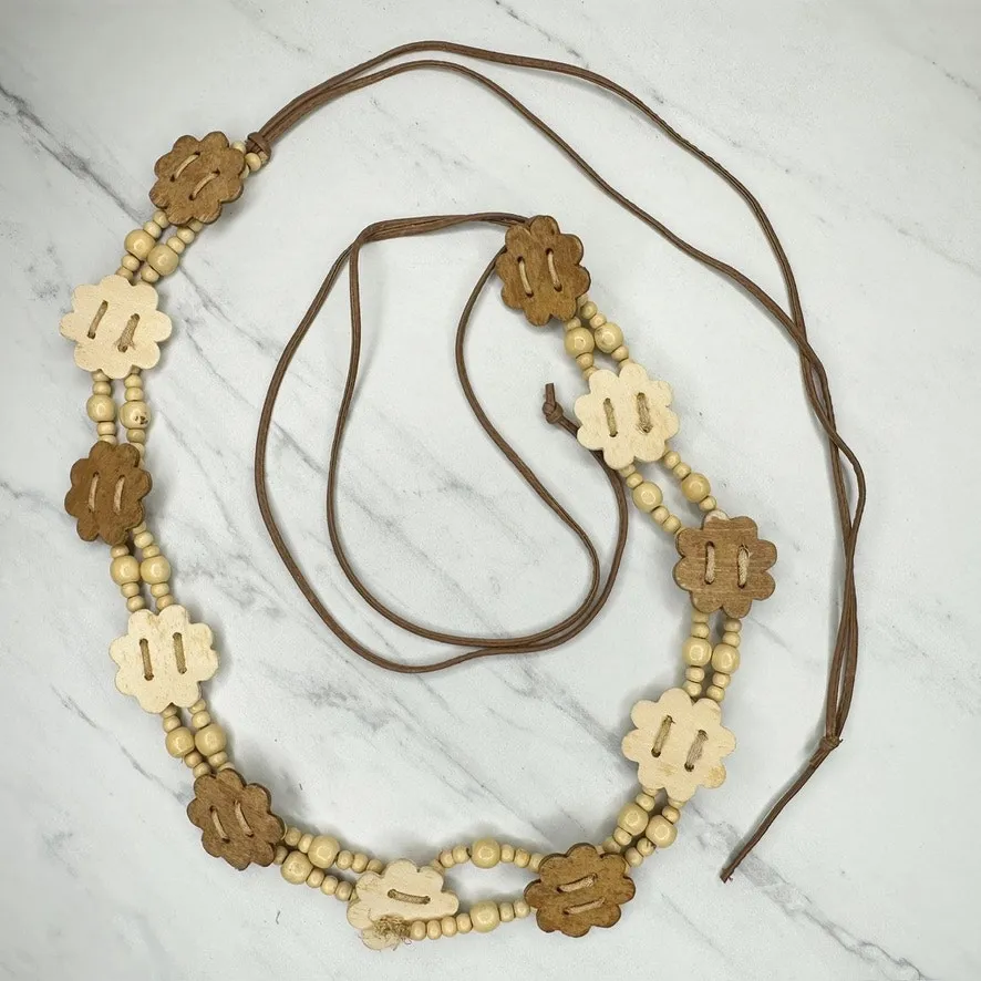 Wood Flower Beaded Cord Tie Belt Boho Cottagecore Small (S) ✨ Brown