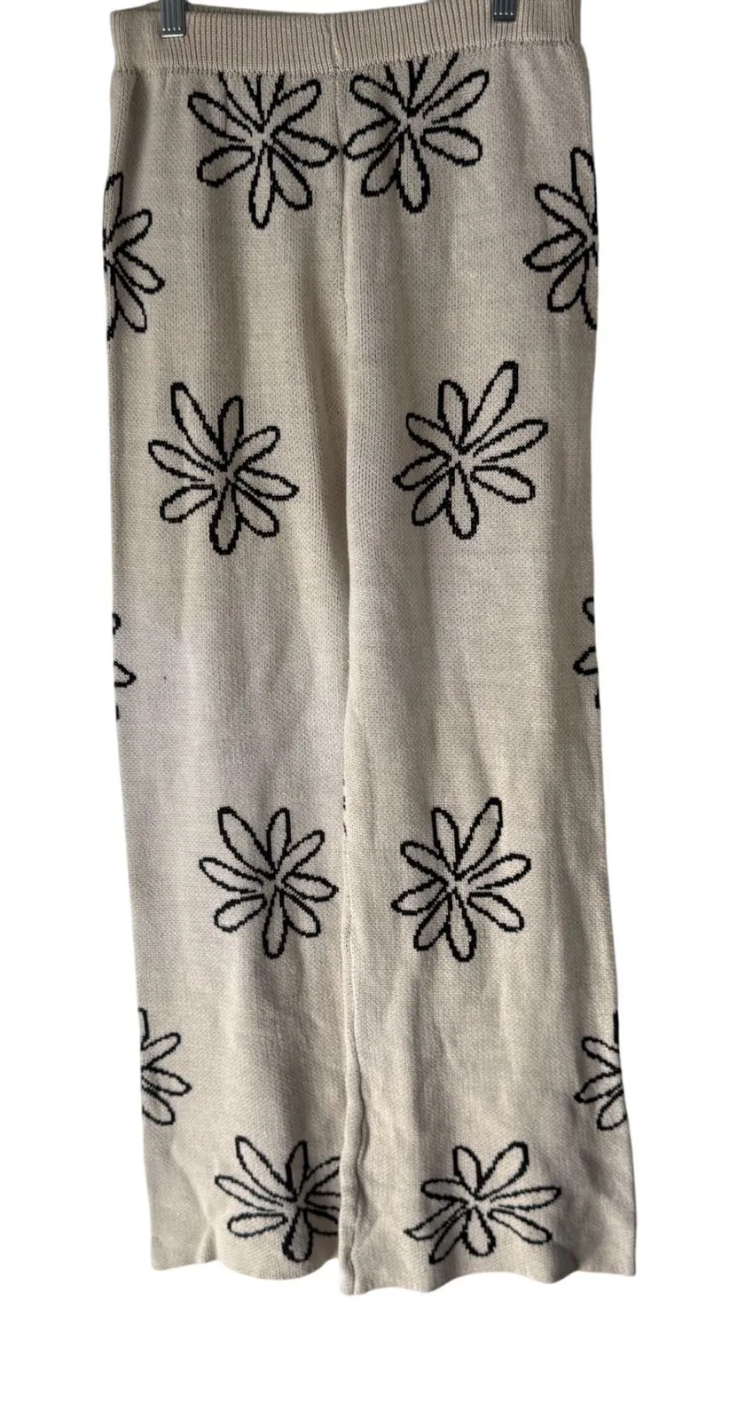 Floral Knit Pants Cream Wide Leg Lounge Pants Trendy Knitwear Bottoms Festival Black Size M