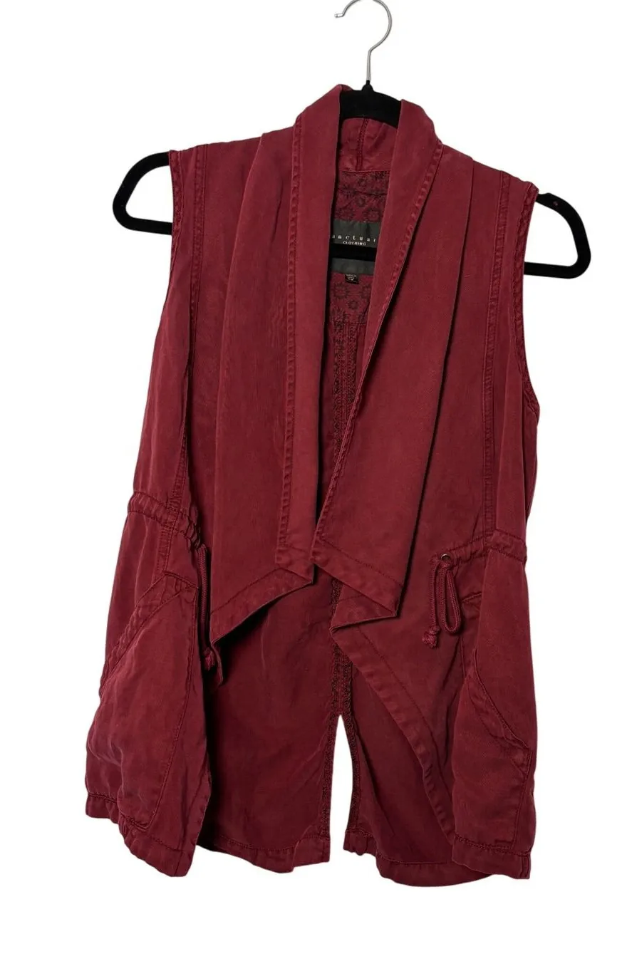 Sanctuary Women Vest XS Burgundy Tencel Linen Draped Open Front Utility Boho