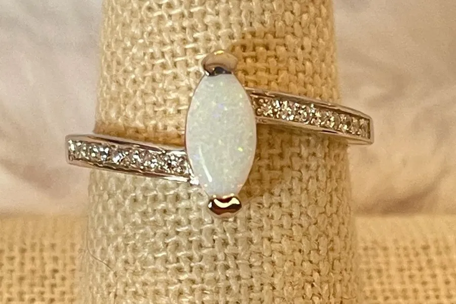 Sterling Silver White Opal Marquise Ring CZ Accents Size 9 Dainty Stackable