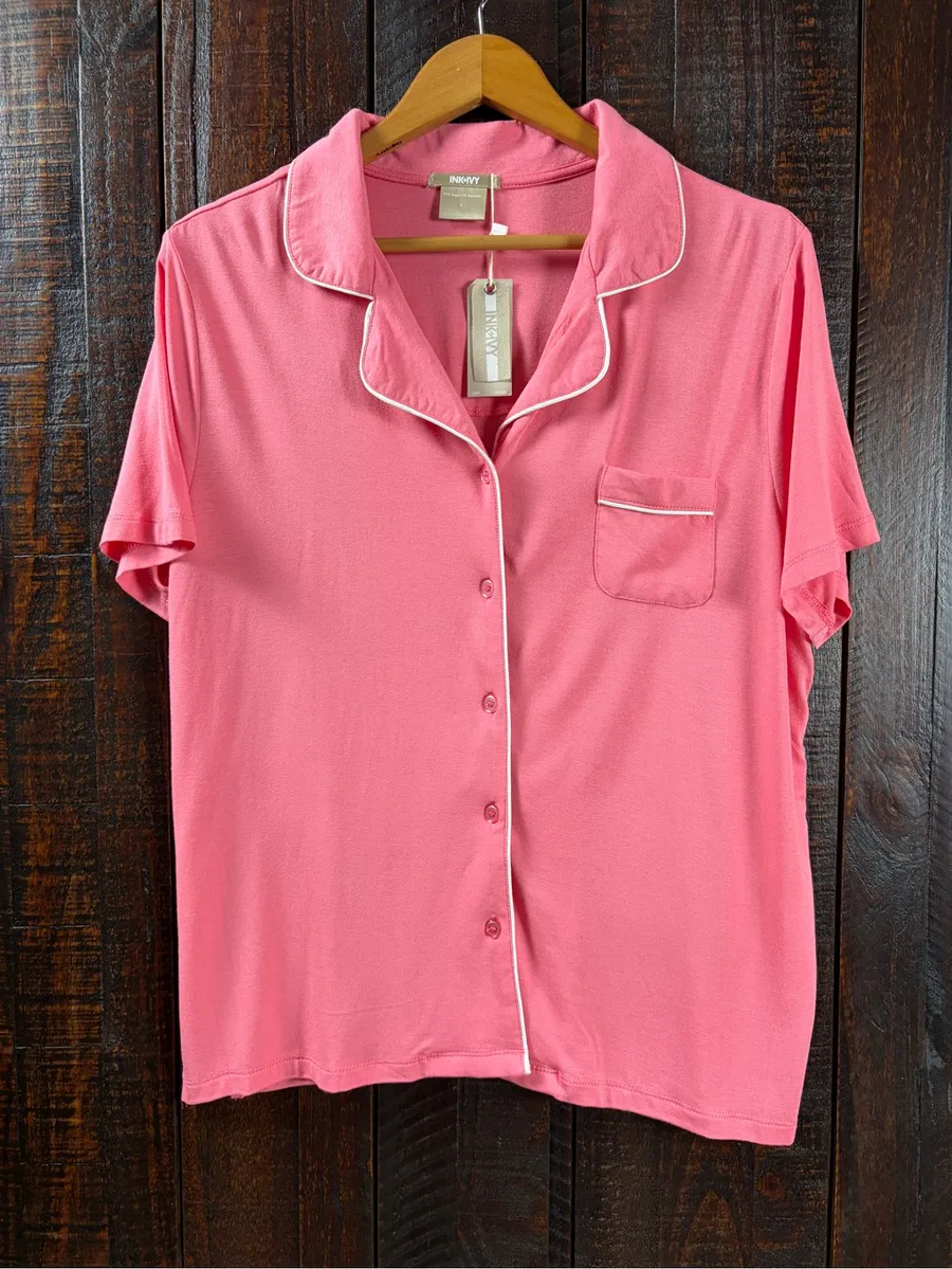 Ink & Ivy Pink Short Sleeve Button Front Pajama Shirt NWT Size L