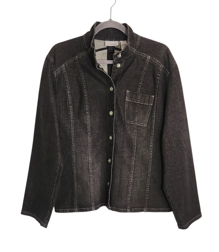 Chico's Black Denim Snap Up Jacket Size 2 Large