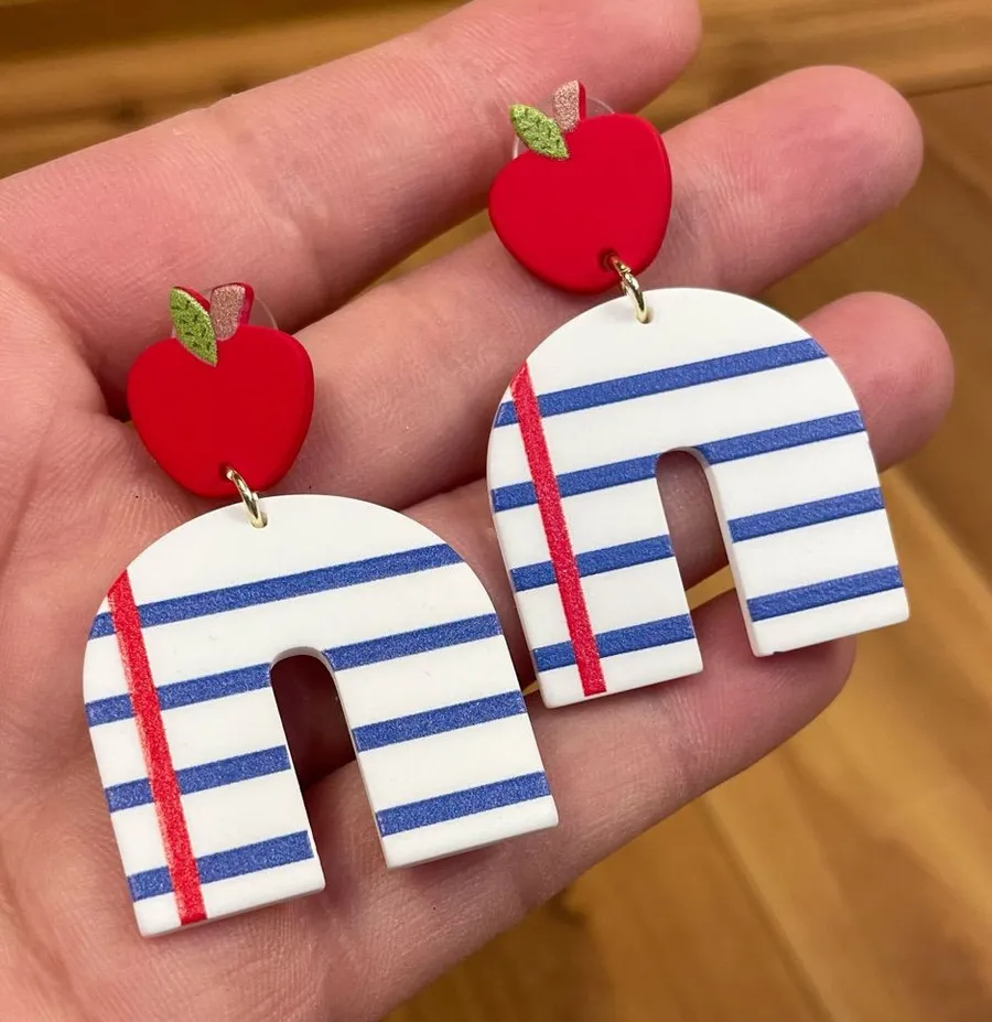 Apple Notebook Statement Fashion Earrings Post Dangle Teacher School Gift Blue