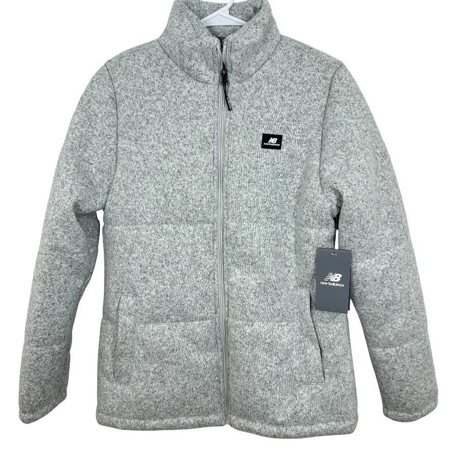 New Balance Women Sweater Fleece Quilted Jacket Light Gray Full Zip Athletic NWT
