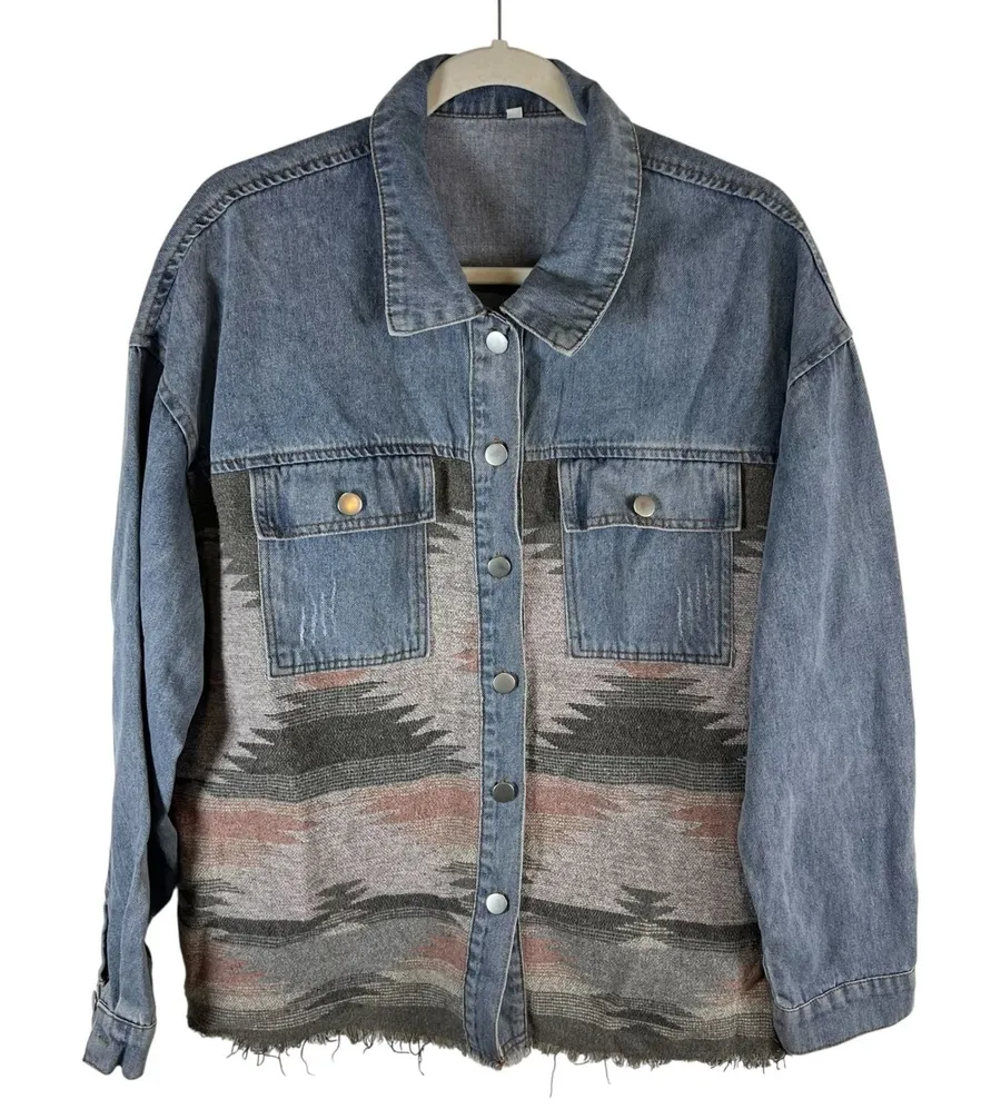 Womens XL Southwestern Aztec Woven Denim Jacket Mixed Media Frayed Hem Blue