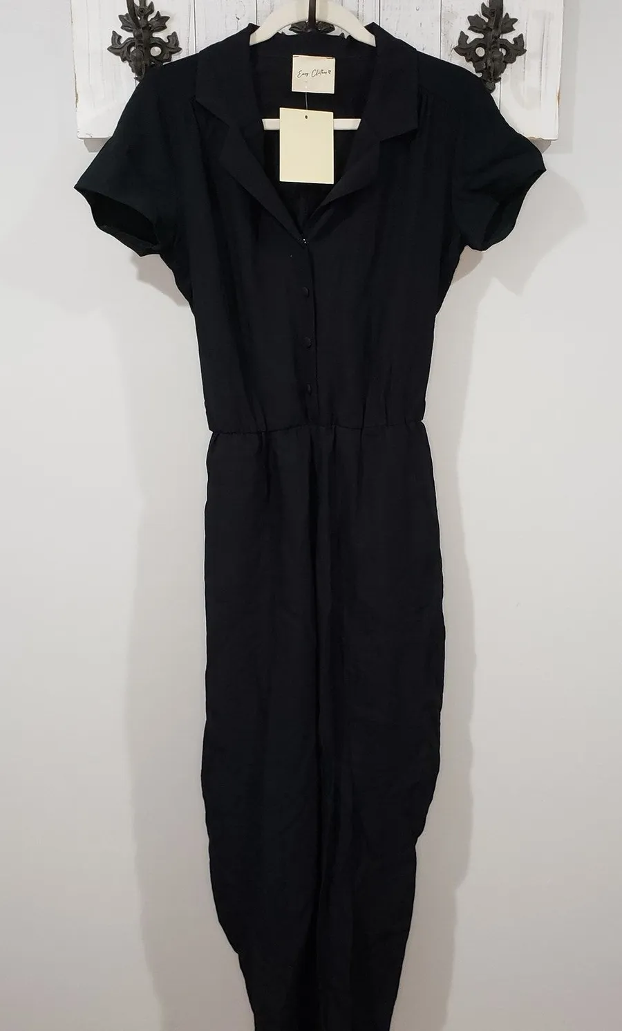 Easy Clothes Black Jumpsuit Women’s Medium Button Front Short Sleeve Minimal