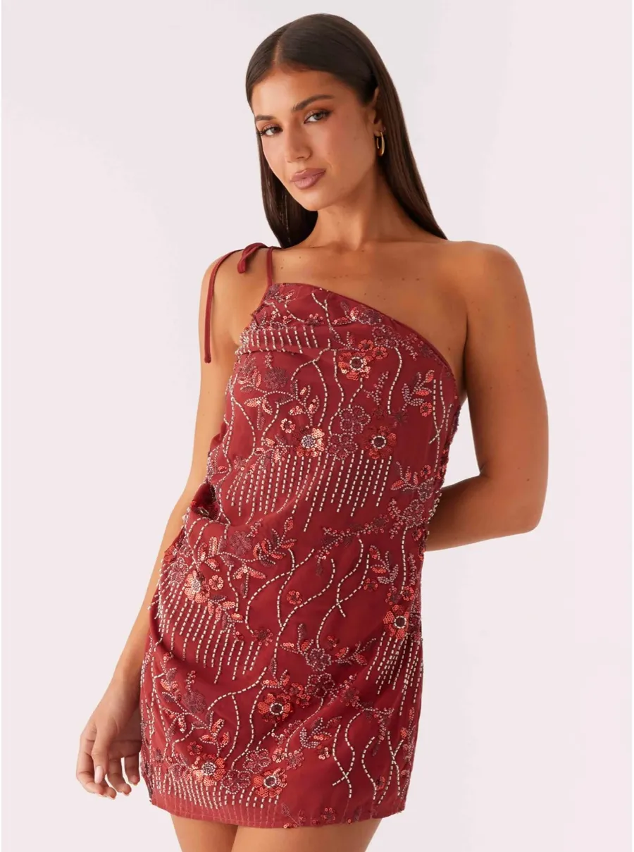 Beaded One Shoulder Mini Dress