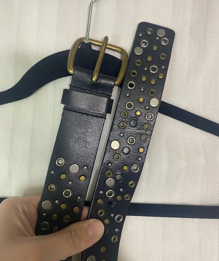 Black Genuine Bonded Leather Studded Grommet Belt Brass Tone Buckle Boho Punk