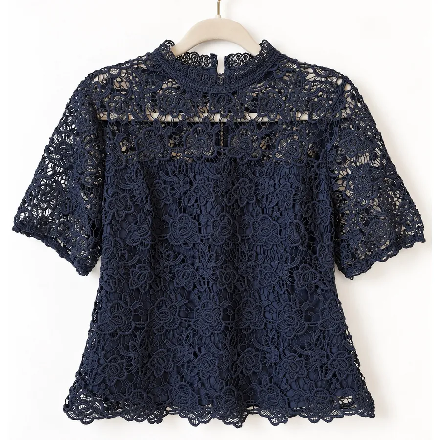 Nanette Lepore Lace Top Womens Size M Navy Blue Mock Neck Zipper Back Coquette