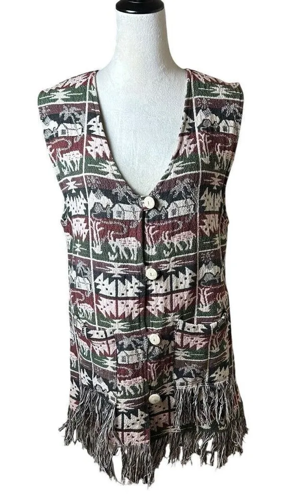 90s Vintage Paul Harris Tapestry Vest Pockets Fringe Large Boho Western Farm Green