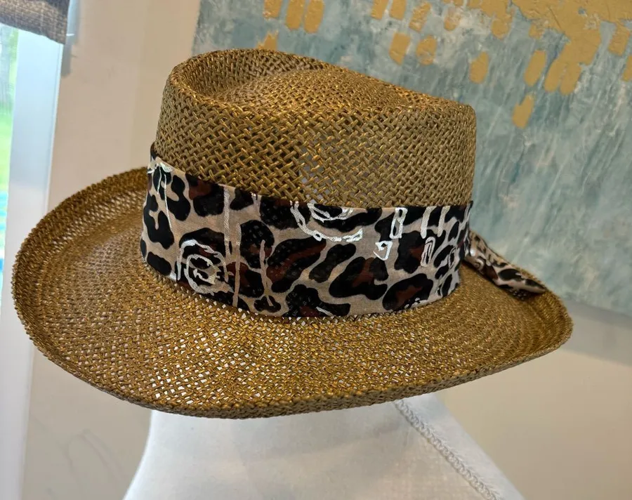 Straw Wide Brim Hat with Leopard Band - Brown