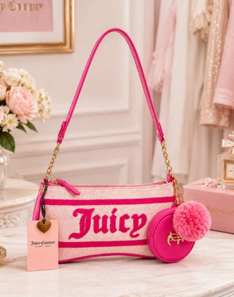 Juicy Couture Juicy Resort Pink Chenille Baguette Bag Coin Pouch NWT