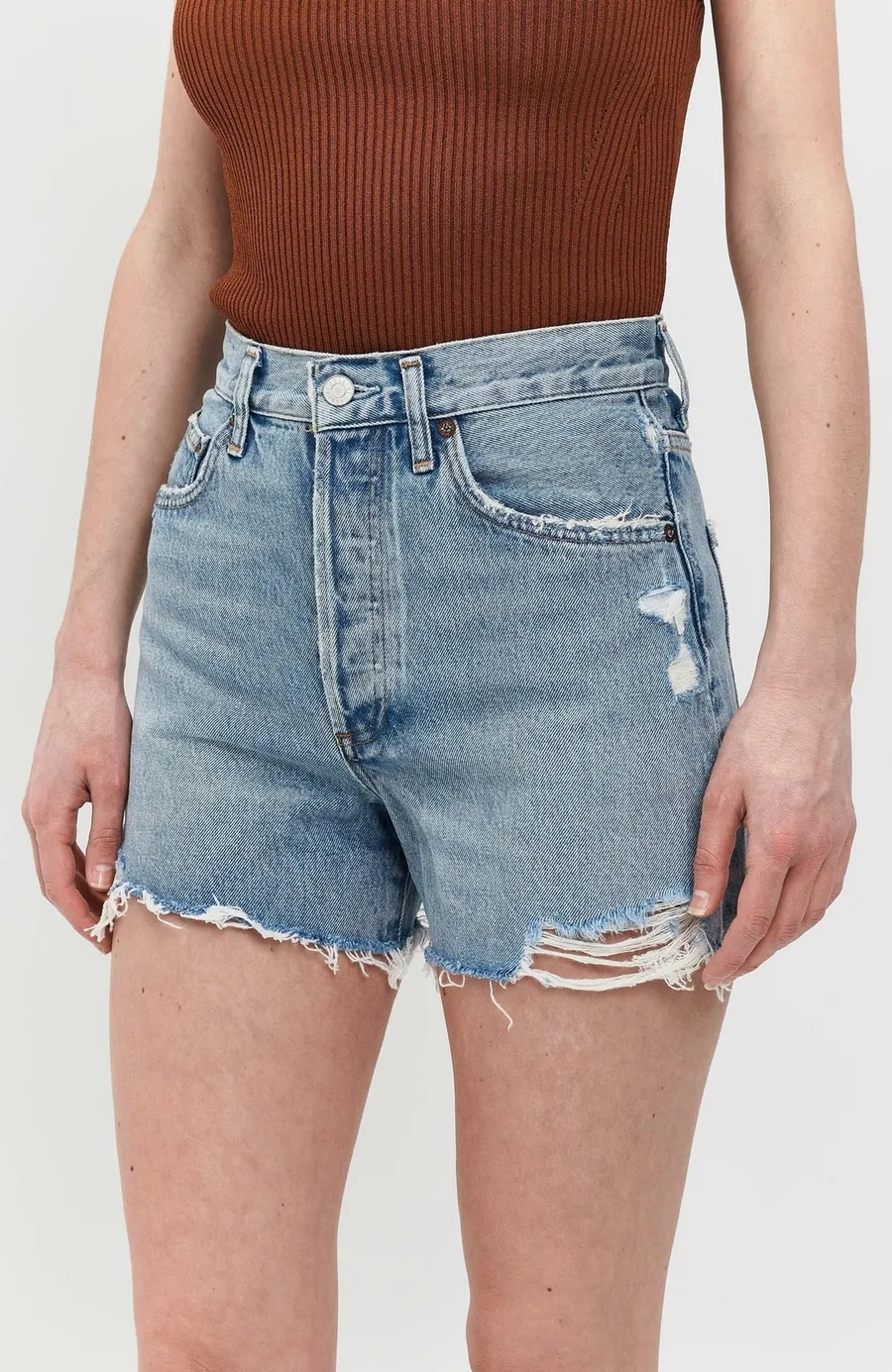 AGOLDE Dee Vintage High Rise Shorts Medium Wash Distressed Size 27 100% Cotton
