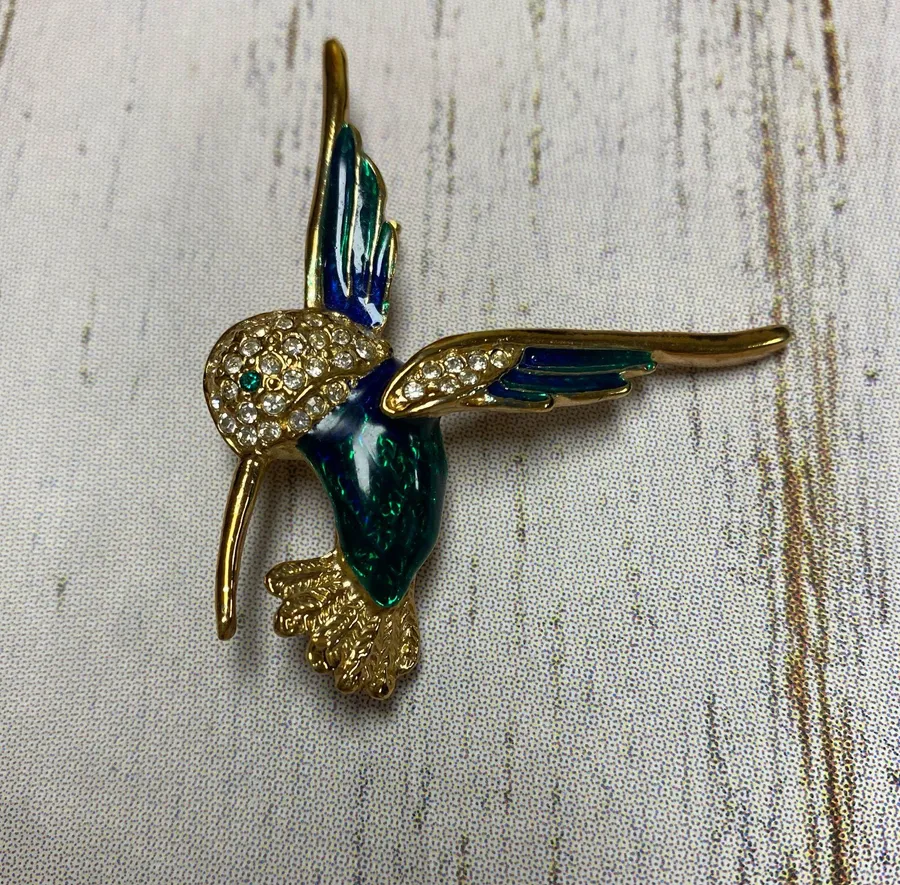 Vintage Roman Enamel Rhinestone Hummingbird Gold Tone Brooch