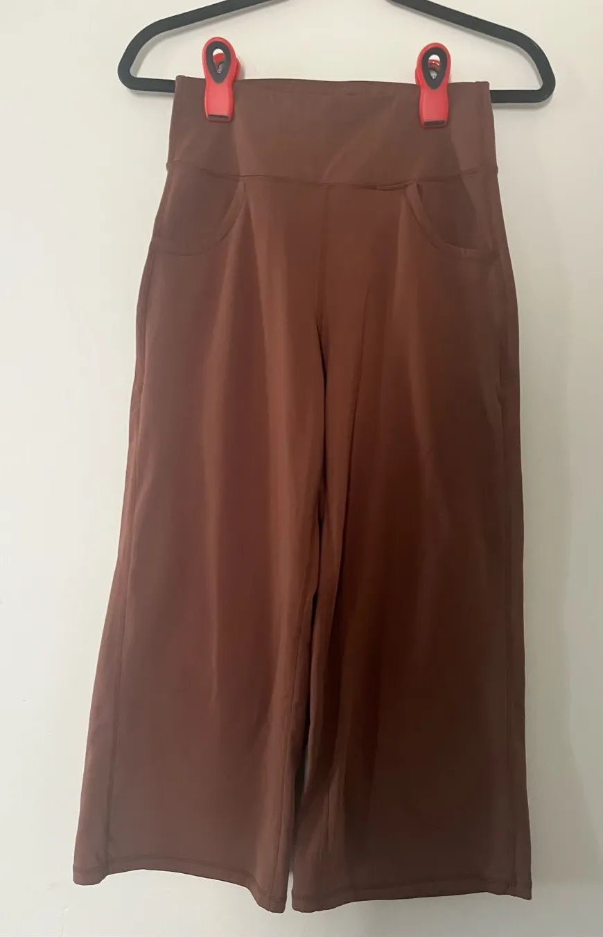Brown Crop Wide Leg Legging Pants Small High Rise Athletic Lounge Pockets