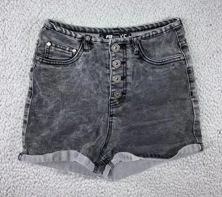 Acid Wash Denim Shorts Women XS Black Button Fly Retro Festival Indie Edgy 90s