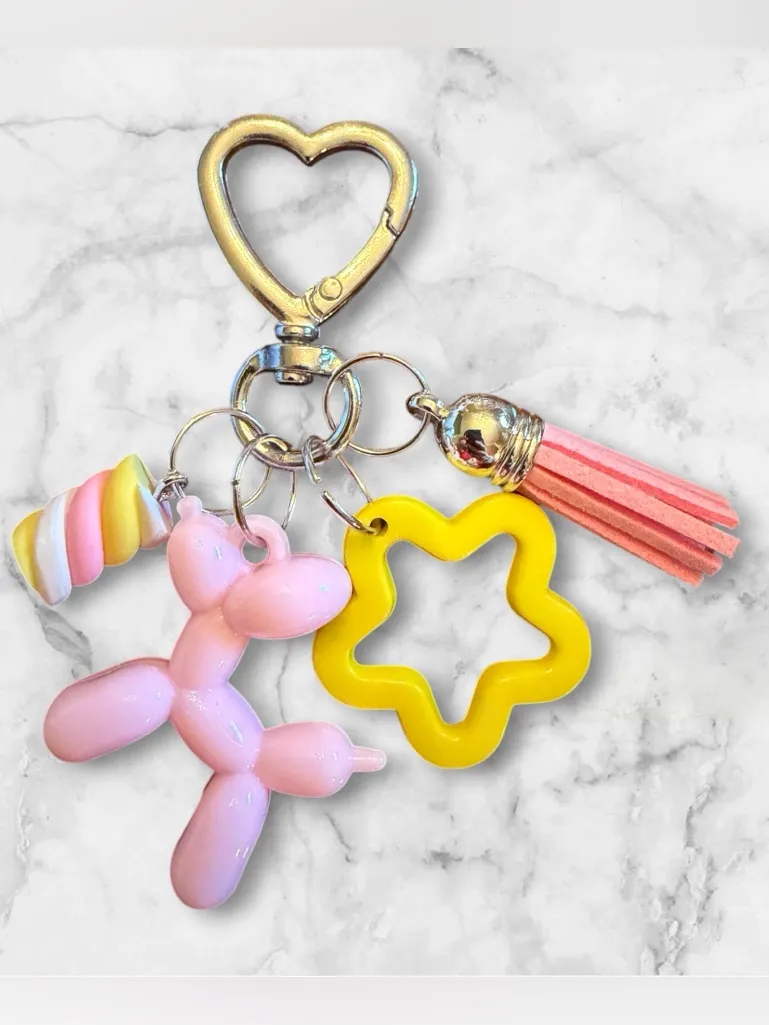 Cute Pink Balloon Dog & Yellow Star Keychain with Tassel