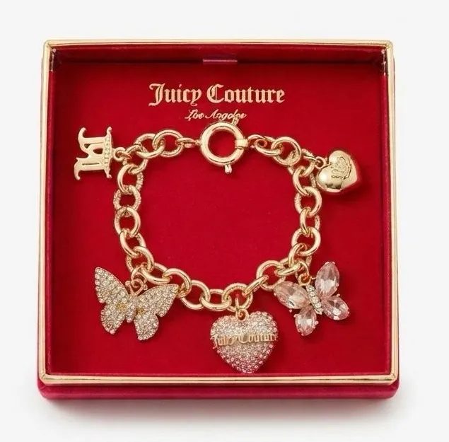 Juicy Couture Gold Butterfly & Pave Heart Charm Bracelet (NWT)