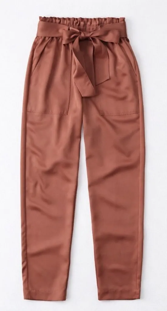 Abercrombie Terra Cotta Satin Jogger Pants Paperbag Waist Tie Belt Size Small