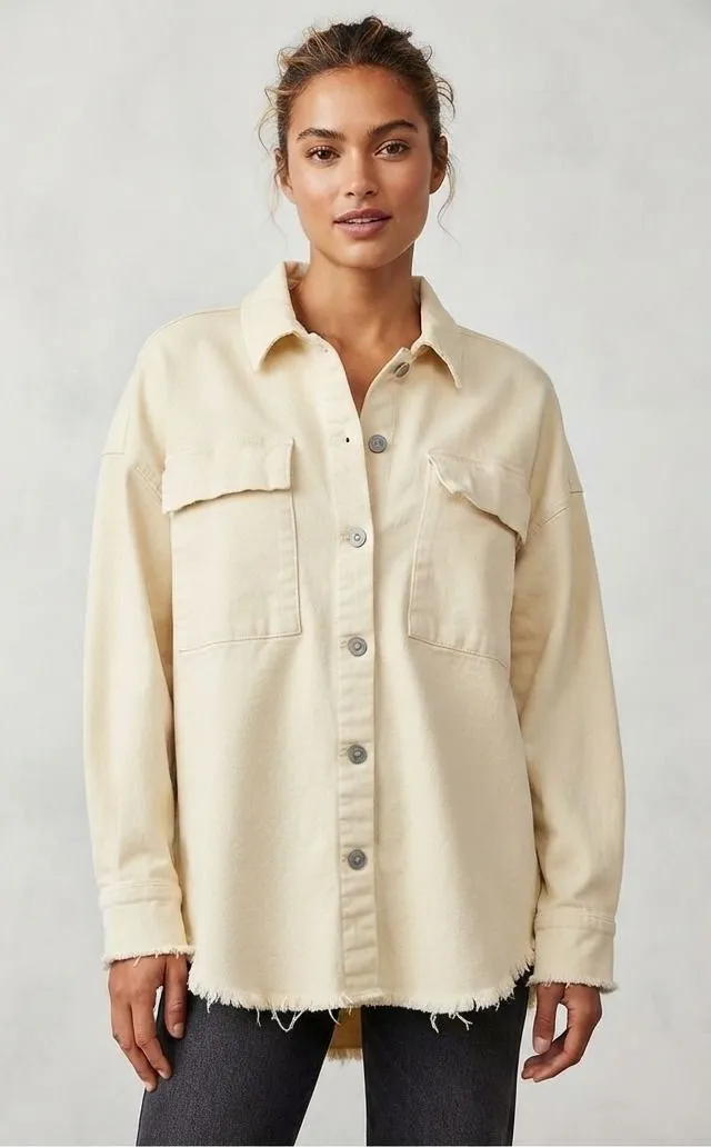Celebrity Pink Cream Denim Shacket Oversized Frayed Hem Button Down Shirt Large
