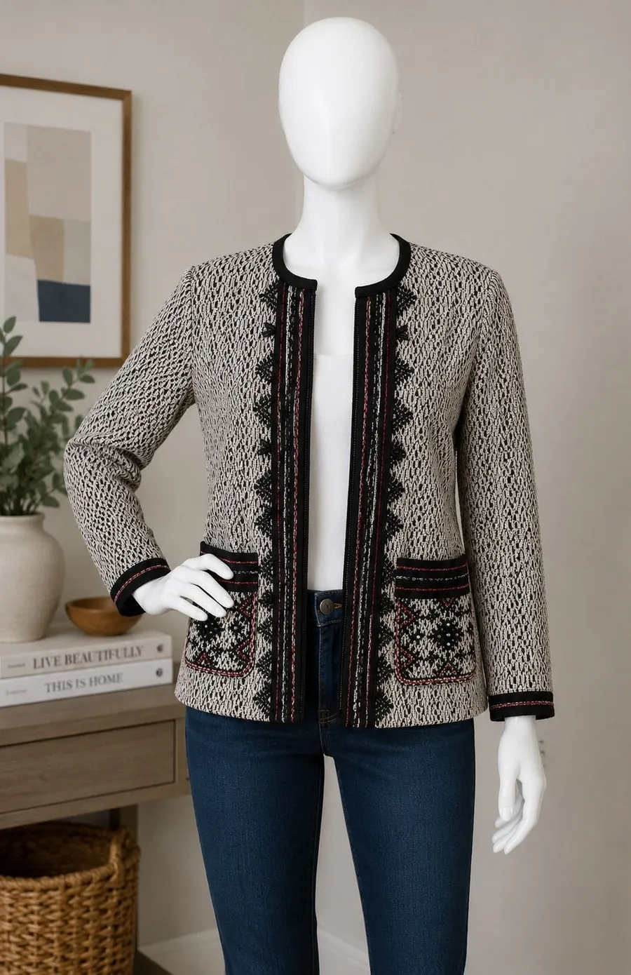 Nanette Lepore Women Jacket Beaded Embroidered Textured Knit Black White 4