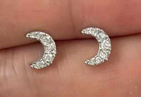 8mm Small CZ Moon Stud Earrings for Men Women Hip Hop Punk Streetwear Unisex Style Silver