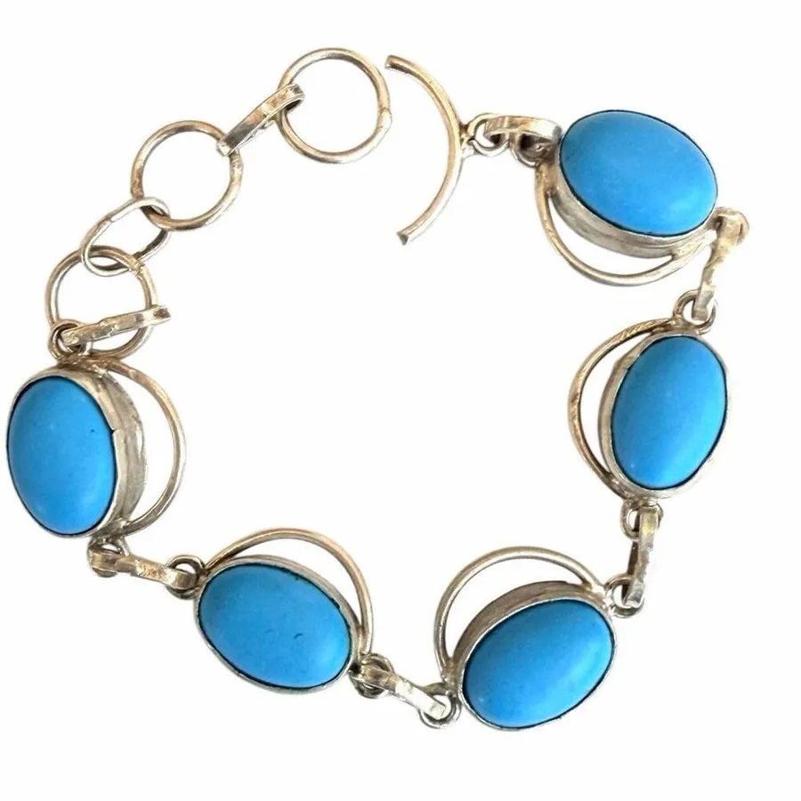 Silver Tone Turquoise tone Link Bracelet Blue
