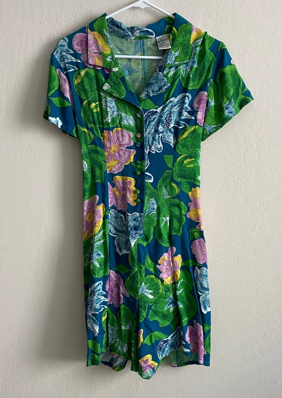 Vintage Tropical Floral Romper in teal Blue Size M