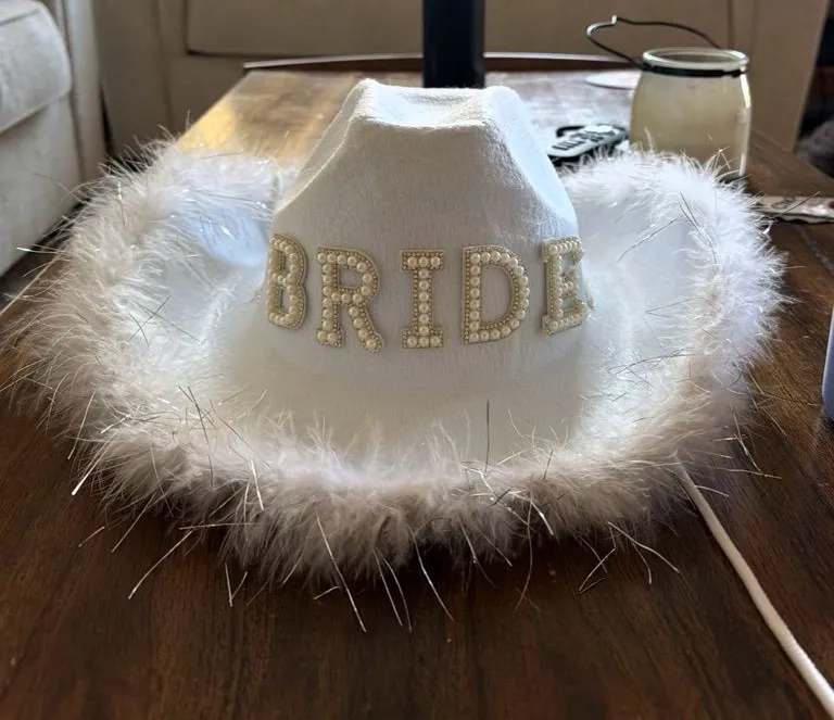 White 'BRIDE' Feather Trim Cowgirl Hat