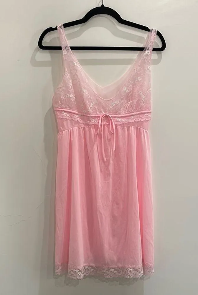 Vintage Montgomery Ward Pink Lace Slip Nightgown Dress Size Large Made In USA