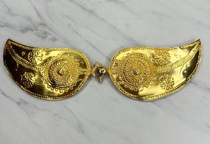 Vintage Gold Tone Two Piece Interlocking Belt Buckle Embossed Medallion Crescent