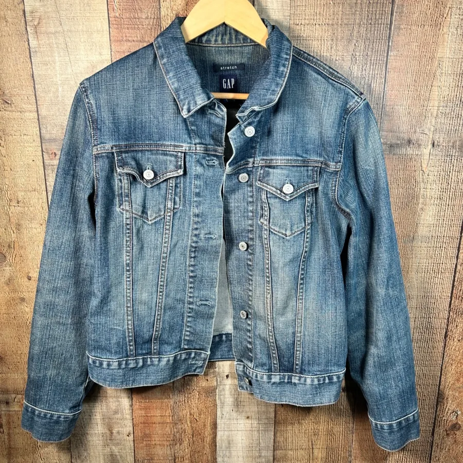 GAP Blue Stretch Cotton Denim Trucker Jacket Vintage Y2K 2003 Jean Coat Womens L