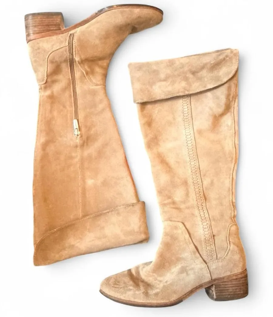 Vince Camuto Kochelda Beige Suede Knee High Boots Women’s 9.5M Fold Over Riding
